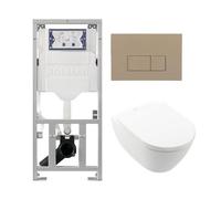 Villeroy Boch Subway 2.0 DirectFlush Pack WC suspendu - bâti-support Geberit - abattant softclose - plaque de commande QeramiQ taupe - boutons rectangulaires - blanc 0701131/ga26028/SW729014/SW1182666