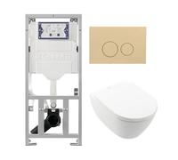 Villeroy Boch Subway 2.0 DirectFlush Pack WC suspendu - bâti-support Geberit - abattant softclose - plaque de commande QeramiQ beige - boutons ronds - blanc 0701131/ga26028/SW729014/SW1182666/SW110236