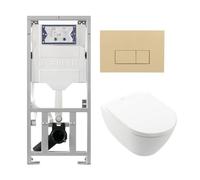 Villeroy Boch Subway 2.0 DirectFlush Pack WC suspendu - bâti-support Geberit - abattant softclose - plaque de commande QeramiQ beige - boutons rectangulaires - blanc 0701131/ga26028/SW729014/SW1182666