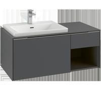 Villeroy & Boch Subway 3.0 armoire sous lavabo, éclairage LED, 2 tiroirs, lavabo à gauche, élément d'étagère en bas à droite, 1001x422,5x516mm, C572L0AA, Couleur: façade/corps : White Oak, poignée : a
