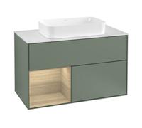 Villeroy & Boch V&B Finion 100 Meuble sous lavabo, éclairage mural, blanc mat, étagère gauche, poignée olivier, laqué Quantité:1