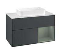 Villeroy & Boch V&B Finion Meuble sous lavabo 100 cm, blanc mat, poignée rouge olive mat laqué, avec éclairage mural Quantité:1