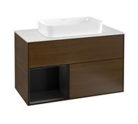 Villeroy & Boch V&B Meuble sous-lavabo avec plan de travail blanc Finion 100x60,3 cm, étagère gauche, bleu, placage noyer Quantité:1