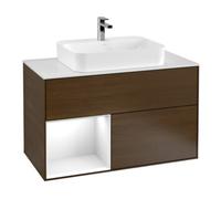 Villeroy & Boch V&B Meuble sous lavabo Finion 100, Plaque blanche mat, Tiroir gauche, laqué, noyer ven. Quantité:1
