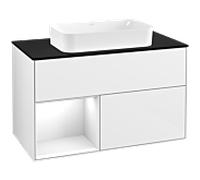 Villeroy und Boch Finion Villeroy und Boch F242GFGF 100x60,3cm, plaque de finition noir mat, étagère gauche laqué blanc brillant, laqué blanc brillant