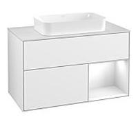 Villeroy und Boch Finion Villeroy und Boch F251GFGF 100x60,3cm, plaque de finition blanc mat, étagère à droite laqué blanc brillant, laqué blanc brillant