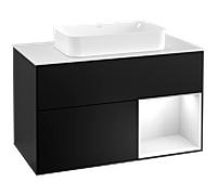 Villeroy und Boch Finion Villeroy und Boch F251GFPD 100x60,3cm, plaque de finition blanc mat, étagère à droite laqué blanc brillant, laqué noir mat