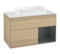 Villeroy und Boch Finion Villeroy und Boch F251HGPC 100x60,3cm, plaque de finition blanc mat, étagère à droite Midnight Blue Matt Lacquer , Oak Veneer