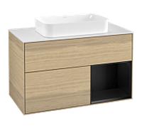 Villeroy et Boch Finion Villeroy et Boch F251PDPC 100x60,3cm, plaque de finition blanc mat, étagère à droite laqué noir mat, Oak Veneer