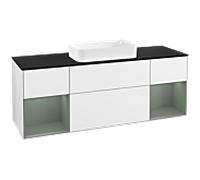 Villeroy und Boch Finion Villeroy und Boch F332GMGF 160x60,3cm, plaque de finition noir mat, étagères laqué mat olive, laqué blanc brillant