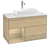 Villeroy und Boch Finion Villeroy und Boch F771PCPC 100cm, plaque de finition blanc mat, étagères Oak Veneer , Oak Veneer