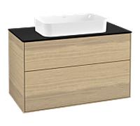 Villeroy & Boch Finion meuble sous lavabo, 2 tiroirs, avec éclairage, vasque au centre, avec trou pour robinetterie, 1000x603x501mm, Glass Black Matt, G23200PC