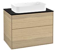 Villeroy & Boch Meuble sous lavabo Finion G63200PC, 2 tiroirs, éclairage, Verre noir mat