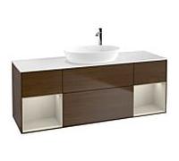 Villeroy und Boch Finion Villeroy und Boch G981HHGN 160cm, plateau supérieur blanc mat, Emotion, étagères laqué mat, placage noyer