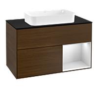 Villeroy und Boch Finion Villeroy und Boch F252MTGN 100x60,3cm, plaque de finition noir mat, étagère à droite laqué blanc mat, placage noyer