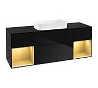 Villeroy und Boch Finion Villeroy und Boch F332HFPH 160x60,3cm, plaque de finition noir mat, étagères laqué or mat, Glossy Black Lacquer