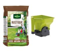 Vilmorin 4460418 Gazon Rustique, Vert, 15 kg & Semoir à Gazon/Engrais à manivelle - Dosage précis et Pratique des Produits à répandre - 21 cm x 24 cm x 22,5 cm - Contenance : 3 litres - Vert et Noir