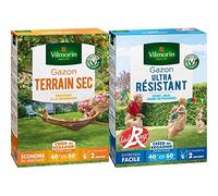 Vilmorin 4460514 Gazon Terrain Sec, Vert, 1 kg & 4462414 Gazon Ultra Résistant, Vert, 1 kg