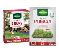 Vilmorin 4460715 Gazon 7 Jours, Vert, 3 kg & Soin Regarnissage Universel 2 en 1 - Semences de gazon + Fortifiant naturel - Rénovation facile des gazons abîmés - Enracinement profond - 1 Kg