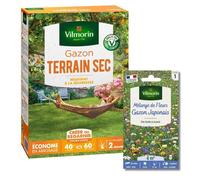Vilmorin Gazon Terrain Sec - 1 kg + Gazon Japonais - 4 m² - Mélange de fleurs