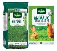 VILMORIN - Prairie Universelle - Pour pâtures et grands espaces - Idéale pour les animaux - Robuste - 5 Kg = 500 m² de Prairie & 4461312 Prairie Animaux Lapins et Poules, Vert, 5.80 x 14.5 x 22 cm
