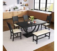 VilroCaz Ensemble de 6 tables de salle à manger au design unique, table de cuisine en bois massif avec pieds demi-ronds et chaises et bancs rembourrés, ensemble de salle à manger pour 6 personnes