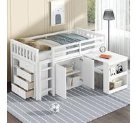 VilroCaz Lit mezzanine bas avec bureau coulissant et armoires de rangement, cadre de lit mezzanine en bois multi-fonctions avec étagères de rangement et tiroirs pour enfants, adolescents, garçons et