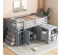 VilroCaz Lit mezzanine bas avec bureau coulissant et armoires de rangement, cadre de lit mezzanine en bois à fonctions multiples avec étagères de rangement et tiroirs pour enfants, adolescents