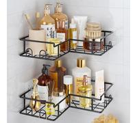 Vinabo Étagère de Douche, 2 PCS Etagere Salle Angle de Bain Antirouille, Rangement Salle de Bain sans Perçage, Accessoire de Rangement Adhésif avec Crochets, Noir