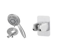 Vinabo Pommeau de douche + 1,5 m flexible douche en acier tube, 5 fonctions jet de douche & Ibergrif M20405, support de pommeau de douche sans perçage adhésif 3M - support de douche réglable