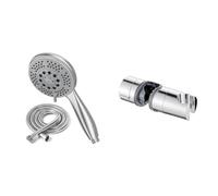 Vinabo Pommeau de douche + 1,5 m flexible douche en acier tube, 5 fonctions jet de douche & Ibergrif - Support Pommeau Douche de Salle de Bain, Clamp Douchette Réglable, Chrome