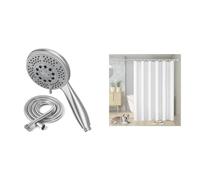 Vinabo Pommeau de douche + 1,5 m flexible douche en acier tube, 5 fonctions jet de douche & Rideau Douche Anti Moisissure, 180 x 200cm Blanc, avec 12 Crochets, sans Percage