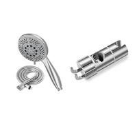 Vinabo Pommeau de douche + 1,5 m flexible douche en acier tube, 5 fonctions jet de douche & Support Pommeau de Douche, Support de Douche Sans Percage, 18-25MM à Diamètre Réglable