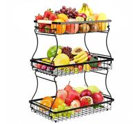 VINATO Corbeille à Fruits, 3 Étages en Métal - Panier à Fruits Moderne avec Poignées en Bois, Noir, pour Cuisine, Salle de Bain & Plus - Idéal pour Légumes & Organisation