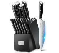 VINATO Couteau Cuisine, Set Couteau Cuisine 14 pièces avec aiguiseur, Set de couteaux de cuisine avec optique damassée, Bloc à couteaux avec couteau tranchant Profi Kochmesserset