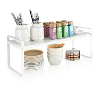 VINATO Étagère de Cuisine Extensible (37-62 cm) Étagère de Rangement de Cuisine en Métal, Support à Épices Réglable et Empilable Organisateur Placard Cuisine pour Épices, Bocaux, Blanc