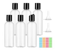 VINATO Flacons Voyage 100ml Set 6 Pièces avec Entonnoirs & Étiquettes - Bouteilles Plastique en PET avec Bouchon Rabat - Contenants Anti-fuite pour Bagage à Main, Format Nomade