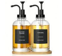 VINATO Lot de 2 Distributeurs d‘Huile et Vinaigre avec Plateau Bambou,500 ml Distributeur de Miel avec 36 Etiquettes et 1 Entonnoir,Bouteilles de Sirop en Verre pour Bar,Cuisine