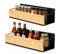 VINATO Lot de 2 Étagère à Épices Magnétique, Étagères Aimanté Sans Perçage, Porte-Épices Frigo Bambou et Métal, Anti-rouille, Organisateur de Cuisine pour Réfrigérateur des Épices Bouteilles
