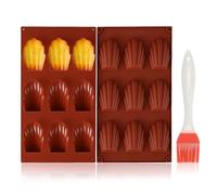 VINATO Lot de 2 Moules à Madeleine en Silicone avec Pinceau - 9 Cavités Anti-Adhésif pour Madeleines, Biscuits, Chocolat - Pour Four, Lave-vaisselle & Congélateur,Rouge