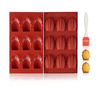 VINATO Lot de 2 Moules à Madeleine en Silicone avec Pinceau, Moule Silicone Antiadhésif, 9 Cavités, Sans BPA, Réutilisables, Moule Forme de Coquille pour Madeleines, Biscuits, Chocolat, Rouge
