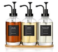 VINATO Lot de 3 Distributeur de Sirop de Café,500ml Sirop Bouteille Set | Bouteilles Verre 3x500ml,Pompe Précise 2ml,inclut 36 étiquettes,Entonnoir & Plateau Bambou,pour Sirop,Huile & Vinaigre.