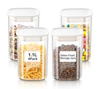 VINATO Lot de 4 Bocaux en Verre avec Couvercle (4 x 1,1L) - Bocaux Hermétiques Carrés pour Farine, Épices, Céréales & Café, Rangement Cuisine, Lavables au Lave-Vaisselle