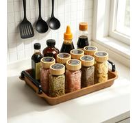 VINATO Plateau de Rangement avec Poignées - Étagère de Cuisine en Acier au Carbone et Imitation Bois, Barres en Fer Renforcées, pour Plan de Travail, Salle de Bains, Bureau, Salon
