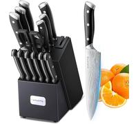VINATO Set de Couteaux de Cuisine 14 Pièces avec Aiguiseur Intégré - Bloc à Couteaux en Bois avec Lame Damassée - Couteaux Professionnels Très Tranchants - Cadeau Cuisinier