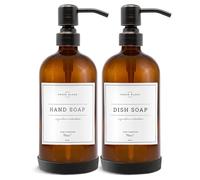 Vine Creations Amber Glass Soap Dispenser, 2 Pack Kitchen Soap Dispenser Set with Stainless Steel Pump, 16 oz Dish Soap and Hand Soap Dispensers for Bathroom with Waterproof Labels