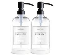 Vine Creations Lot de 2 distributeurs de Savon de Cuisine en Verre Transparent avec Pompe en Acier Inoxydable, Distributeur de Savon pour Les Mains, Salle de Bain, Cuisine avec étiquettes étanches