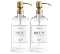 Vine Creations Lot de 2 distributeurs de Savon de Cuisine en Verre Transparent avec Pompe en Acier Inoxydable, Distributeur de Savon pour Les Mains, Salle de Bain, Cuisine avec étiquettes étanches