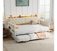 VINGLI Canapé Lit 2 Places Convertible 90x200 / 180x200 cm, Lit Gigogne 90x200 cm, Banquette lit avec Tête de Lit Rembourrée, Rangement, Multiprise et Éclairage LED RGB, Blanc Cassé