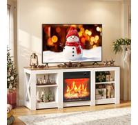 VINGLI Meuble TV avec Cheminée Électrique Insert 18", Fausse Cheminee Decorative 2000W, Effet Flamme 6 Couleurs, 4 Étagères, Design Croisé Double Face, Meuble de Salon, 149.5x34x60cm, Marron & Blanc